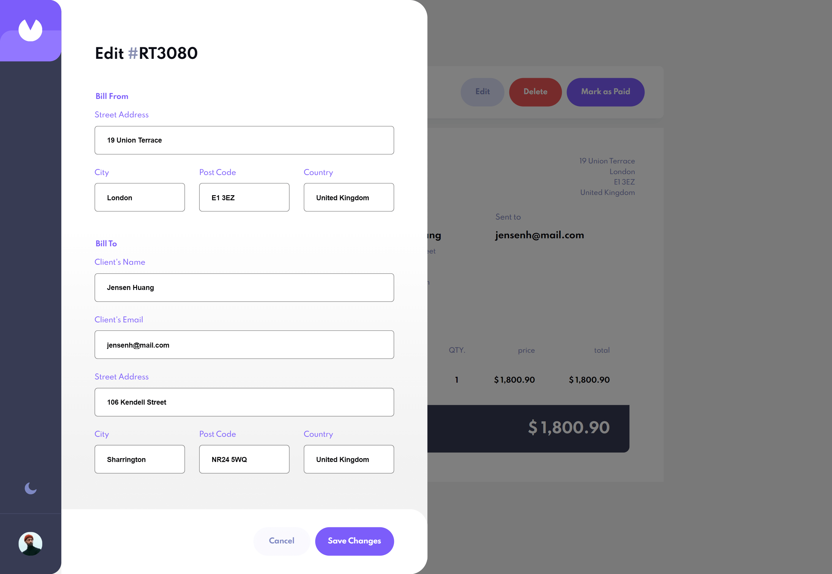 An invoicing app with an open form to edit an invoice.