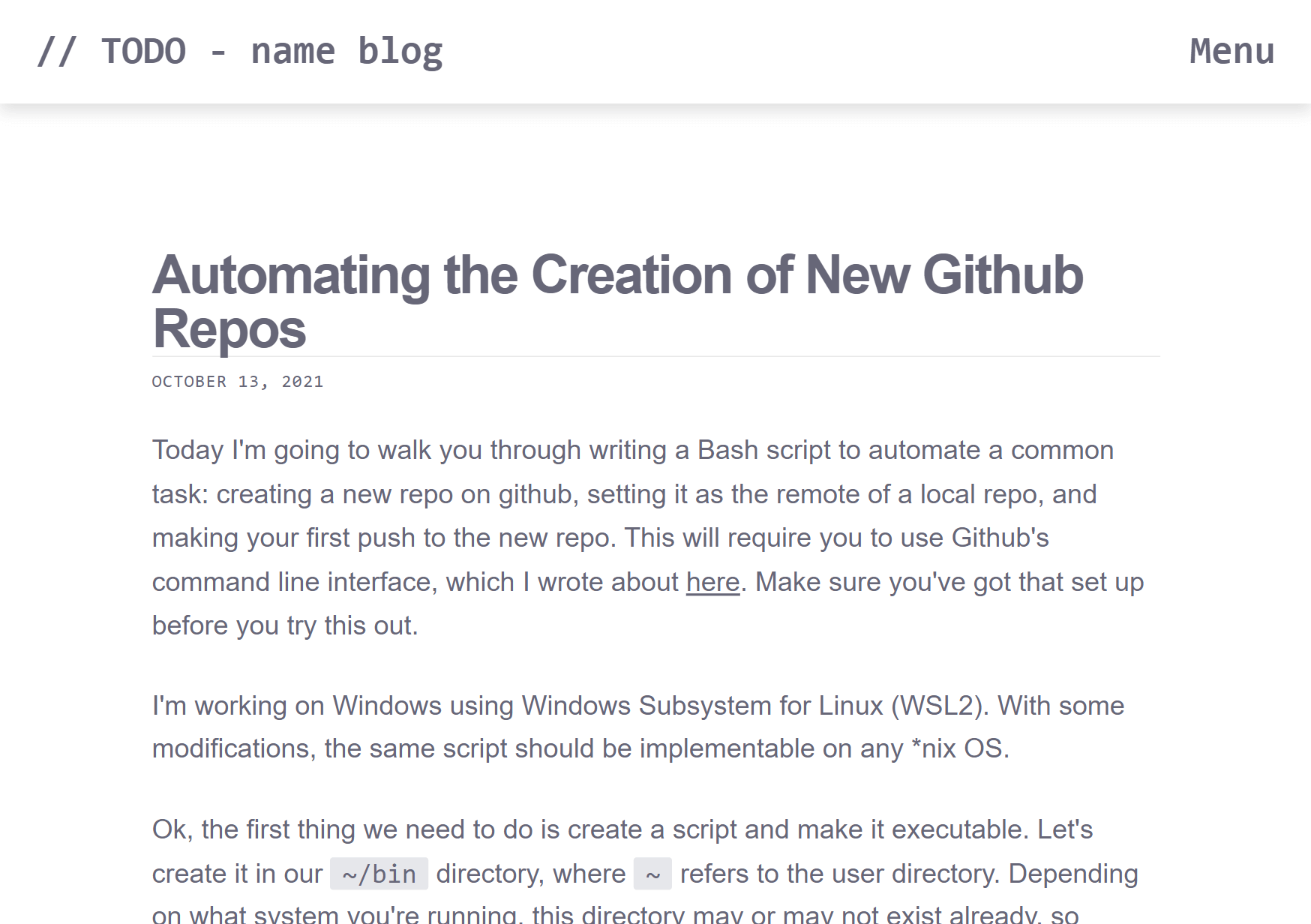 NextJS blog app. The blog's name is "TODO - name blog". The article showing is called "Automating the Creation of New GitHub Repos.